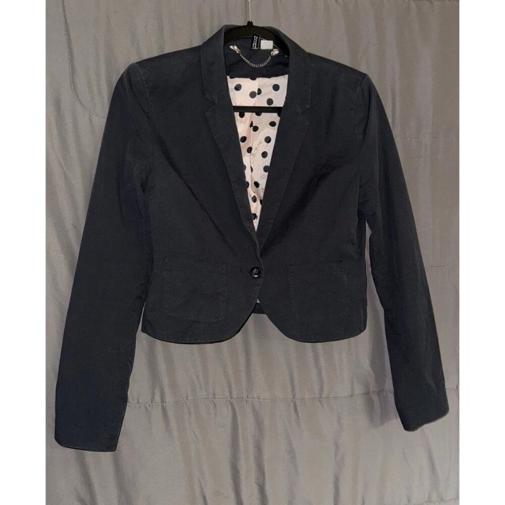Divided by H&M Blazer Womens Sz 8 Black Pink Polka Dot Lined Pockets Cotton